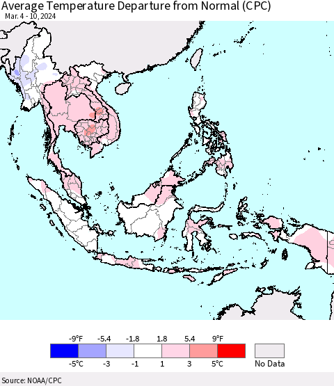 South East Asia Average Temperature Departure from Normal (CPC) Thematic Map For 3/4/2024 - 3/10/2024