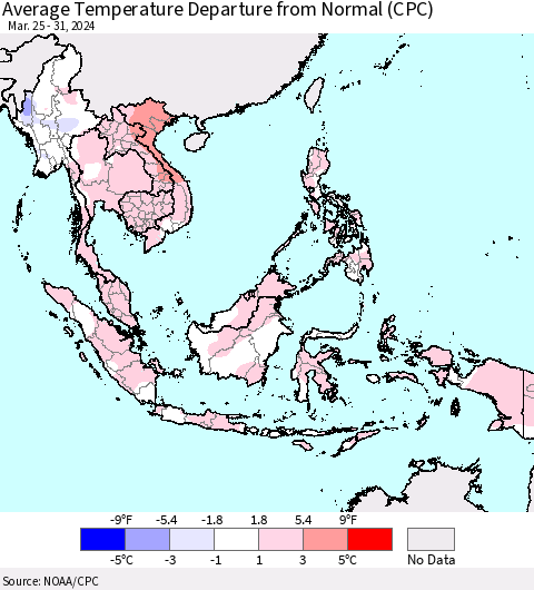 South East Asia Average Temperature Departure from Normal (CPC) Thematic Map For 3/25/2024 - 3/31/2024