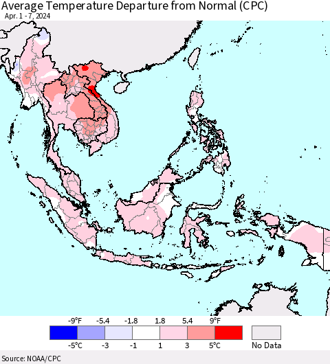 South East Asia Average Temperature Departure from Normal (CPC) Thematic Map For 4/1/2024 - 4/7/2024