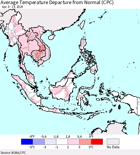 South East Asia Average Temperature Departure from Normal (CPC) Thematic Map For 4/8/2024 - 4/14/2024