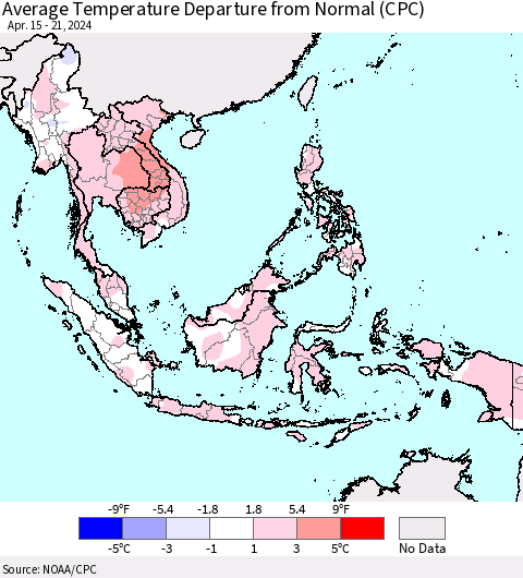 South East Asia Average Temperature Departure from Normal (CPC) Thematic Map For 4/15/2024 - 4/21/2024