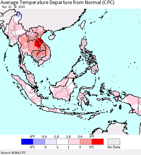 South East Asia Average Temperature Departure from Normal (CPC) Thematic Map For 4/22/2024 - 4/28/2024