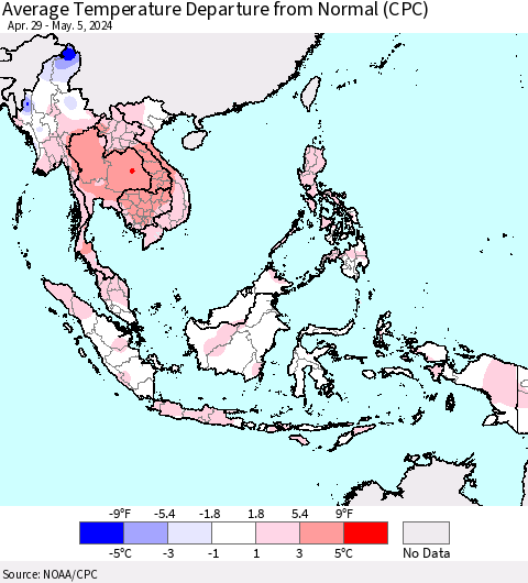 South East Asia Average Temperature Departure from Normal (CPC) Thematic Map For 4/29/2024 - 5/5/2024