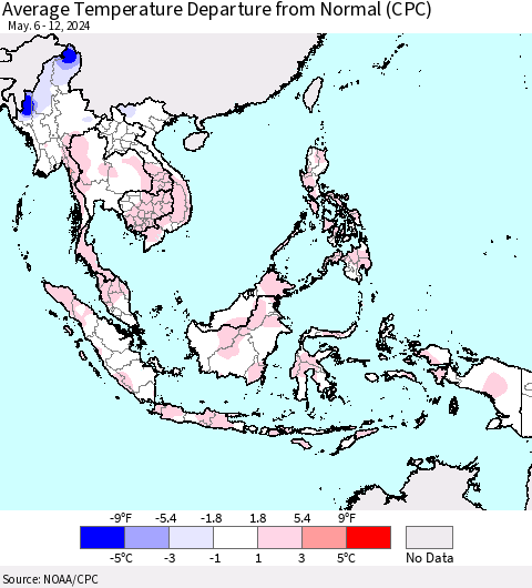 South East Asia Average Temperature Departure from Normal (CPC) Thematic Map For 5/6/2024 - 5/12/2024