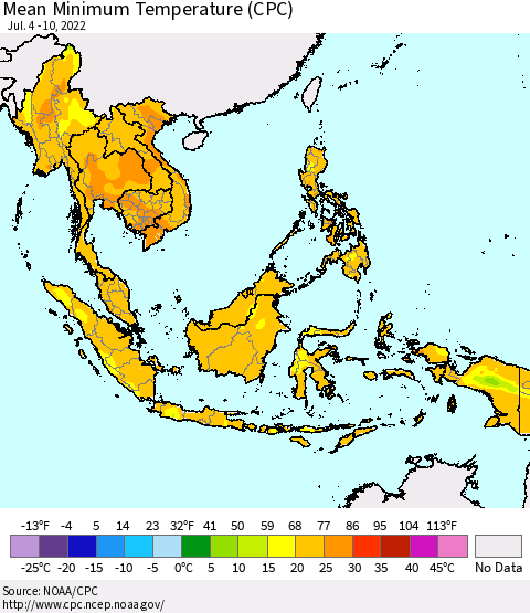 South East Asia Mean Minimum Temperature (CPC) Thematic Map For 7/4/2022 - 7/10/2022