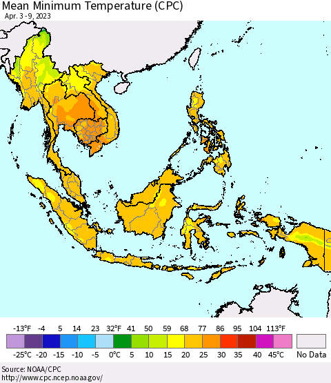South East Asia Mean Minimum Temperature (CPC) Thematic Map For 4/3/2023 - 4/9/2023