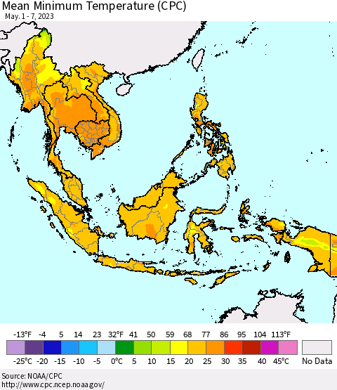 South East Asia Mean Minimum Temperature (CPC) Thematic Map For 5/1/2023 - 5/7/2023
