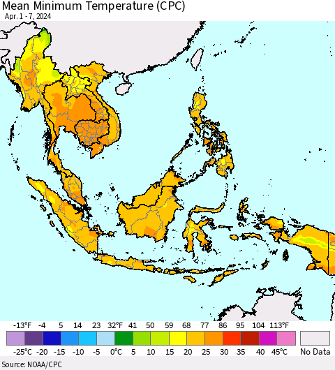 South East Asia Mean Minimum Temperature (CPC) Thematic Map For 4/1/2024 - 4/7/2024