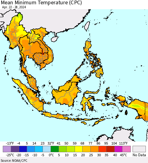 South East Asia Mean Minimum Temperature (CPC) Thematic Map For 4/22/2024 - 4/28/2024