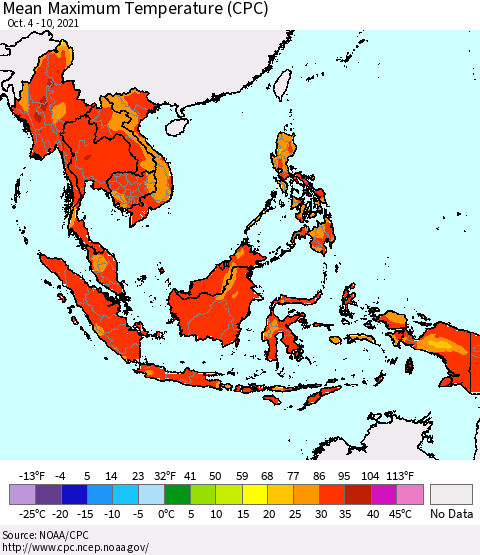 South East Asia Mean Maximum Temperature (CPC) Thematic Map For 10/4/2021 - 10/10/2021
