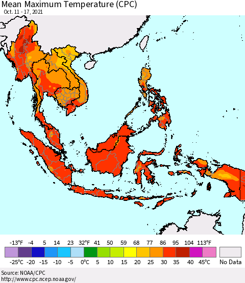 South East Asia Mean Maximum Temperature (CPC) Thematic Map For 10/11/2021 - 10/17/2021