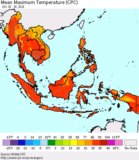 South East Asia Mean Maximum Temperature (CPC) Thematic Map For 10/18/2021 - 10/24/2021
