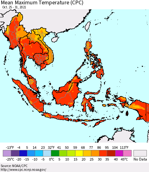 South East Asia Mean Maximum Temperature (CPC) Thematic Map For 10/25/2021 - 10/31/2021