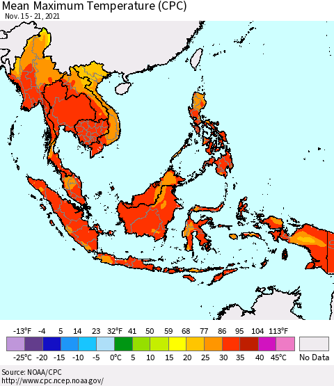 South East Asia Mean Maximum Temperature (CPC) Thematic Map For 11/15/2021 - 11/21/2021