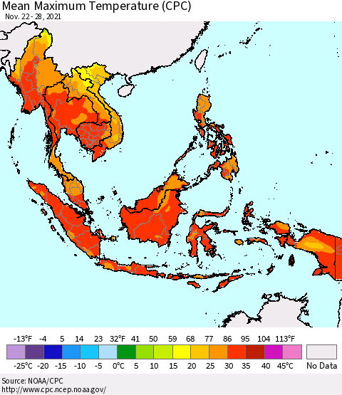 South East Asia Mean Maximum Temperature (CPC) Thematic Map For 11/22/2021 - 11/28/2021