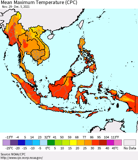 South East Asia Mean Maximum Temperature (CPC) Thematic Map For 11/29/2021 - 12/5/2021