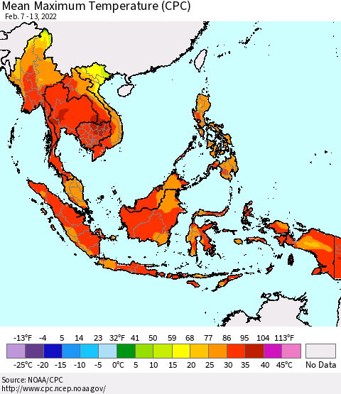 South East Asia Mean Maximum Temperature (CPC) Thematic Map For 2/7/2022 - 2/13/2022