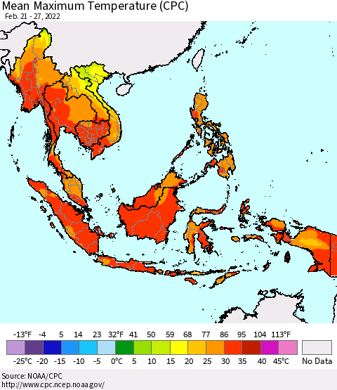South East Asia Mean Maximum Temperature (CPC) Thematic Map For 2/21/2022 - 2/27/2022