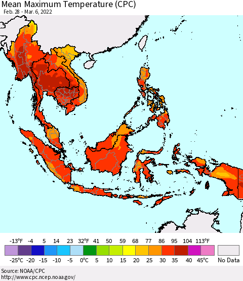South East Asia Mean Maximum Temperature (CPC) Thematic Map For 2/28/2022 - 3/6/2022