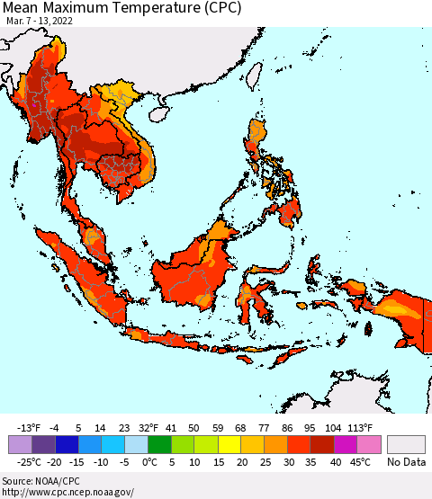 South East Asia Mean Maximum Temperature (CPC) Thematic Map For 3/7/2022 - 3/13/2022