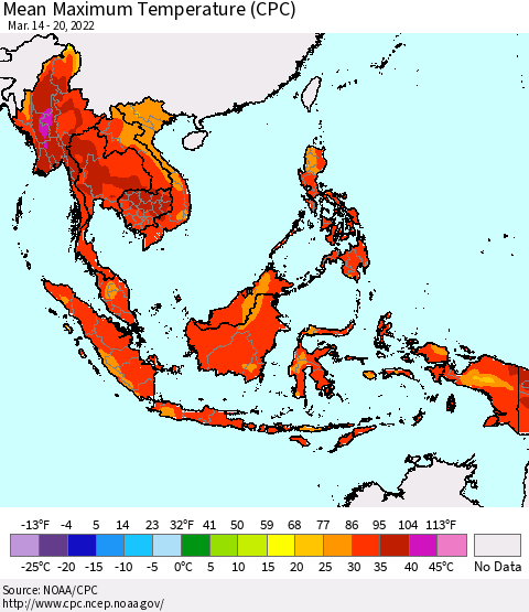 South East Asia Mean Maximum Temperature (CPC) Thematic Map For 3/14/2022 - 3/20/2022