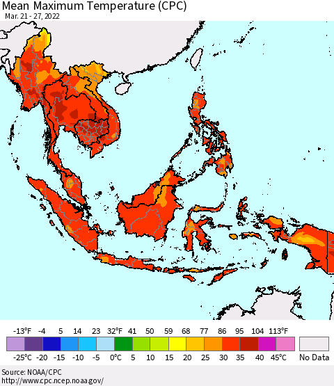 South East Asia Mean Maximum Temperature (CPC) Thematic Map For 3/21/2022 - 3/27/2022