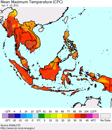 South East Asia Mean Maximum Temperature (CPC) Thematic Map For 4/4/2022 - 4/10/2022