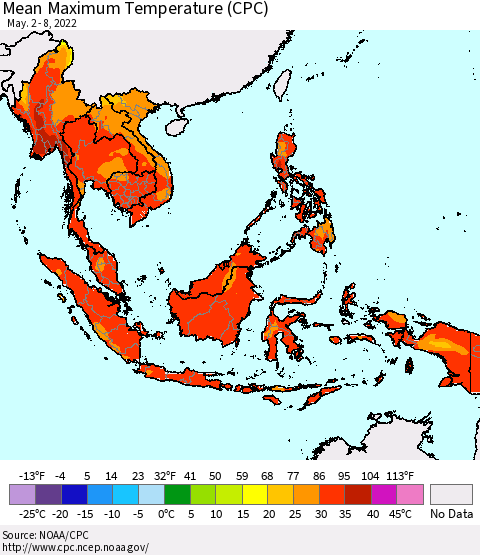 South East Asia Mean Maximum Temperature (CPC) Thematic Map For 5/2/2022 - 5/8/2022