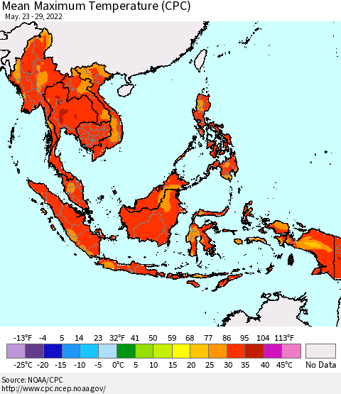South East Asia Mean Maximum Temperature (CPC) Thematic Map For 5/23/2022 - 5/29/2022