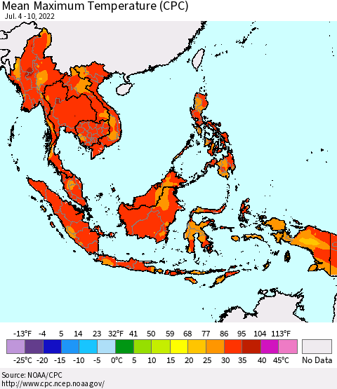 South East Asia Mean Maximum Temperature (CPC) Thematic Map For 7/4/2022 - 7/10/2022
