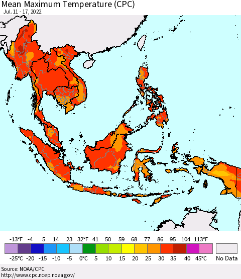 South East Asia Mean Maximum Temperature (CPC) Thematic Map For 7/11/2022 - 7/17/2022