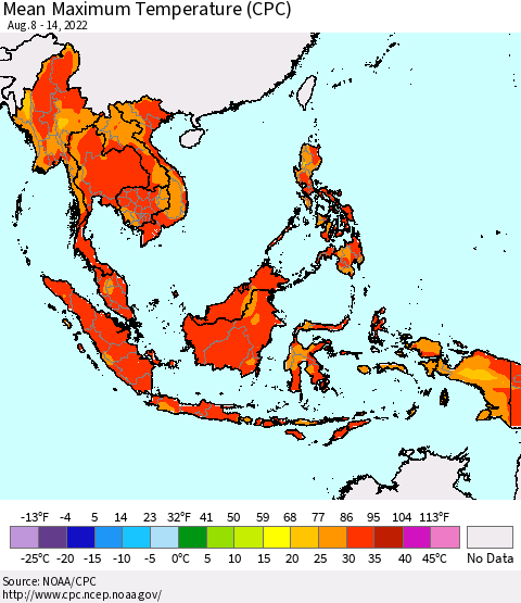 South East Asia Mean Maximum Temperature (CPC) Thematic Map For 8/8/2022 - 8/14/2022