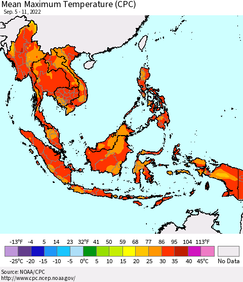 South East Asia Mean Maximum Temperature (CPC) Thematic Map For 9/5/2022 - 9/11/2022