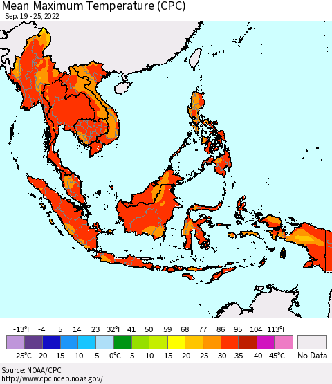 South East Asia Mean Maximum Temperature (CPC) Thematic Map For 9/19/2022 - 9/25/2022