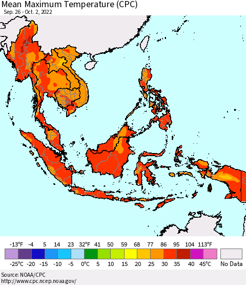 South East Asia Mean Maximum Temperature (CPC) Thematic Map For 9/26/2022 - 10/2/2022