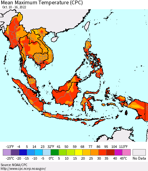 South East Asia Mean Maximum Temperature (CPC) Thematic Map For 10/10/2022 - 10/16/2022