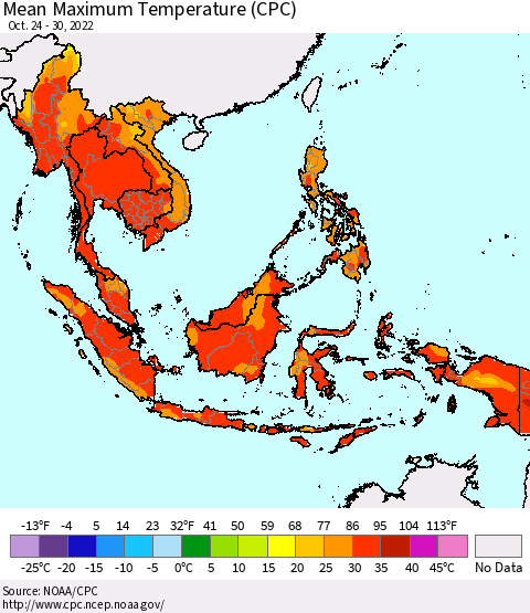 South East Asia Mean Maximum Temperature (CPC) Thematic Map For 10/24/2022 - 10/30/2022