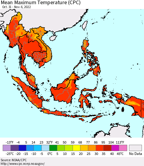 South East Asia Mean Maximum Temperature (CPC) Thematic Map For 10/31/2022 - 11/6/2022