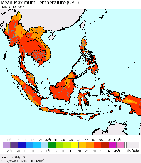 South East Asia Mean Maximum Temperature (CPC) Thematic Map For 11/7/2022 - 11/13/2022