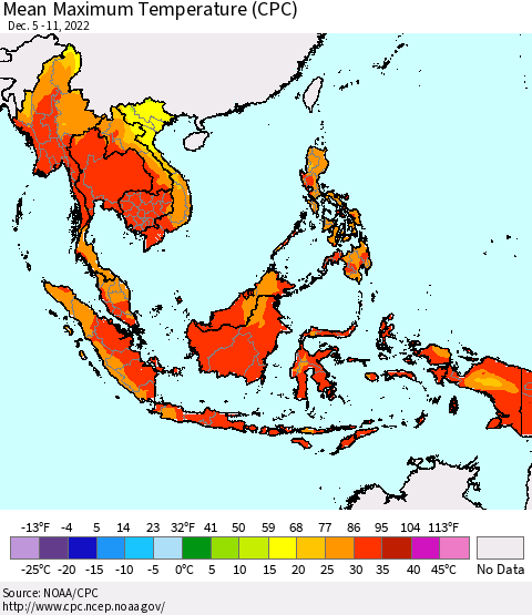 South East Asia Mean Maximum Temperature (CPC) Thematic Map For 12/5/2022 - 12/11/2022