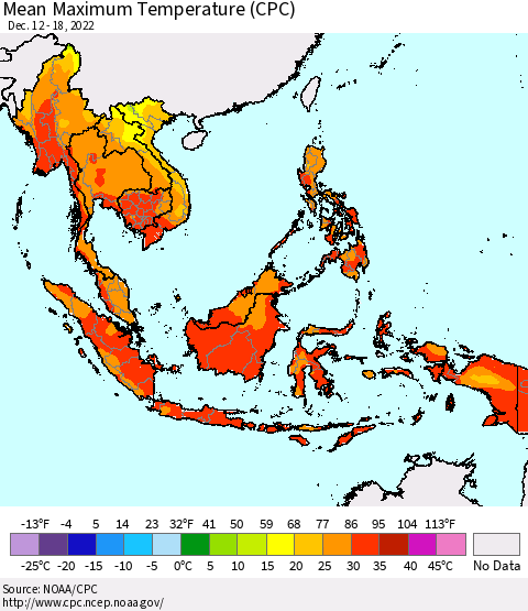 South East Asia Mean Maximum Temperature (CPC) Thematic Map For 12/12/2022 - 12/18/2022