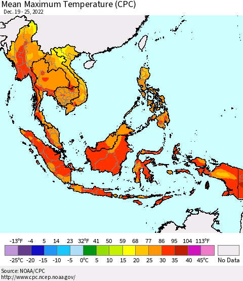 South East Asia Mean Maximum Temperature (CPC) Thematic Map For 12/19/2022 - 12/25/2022