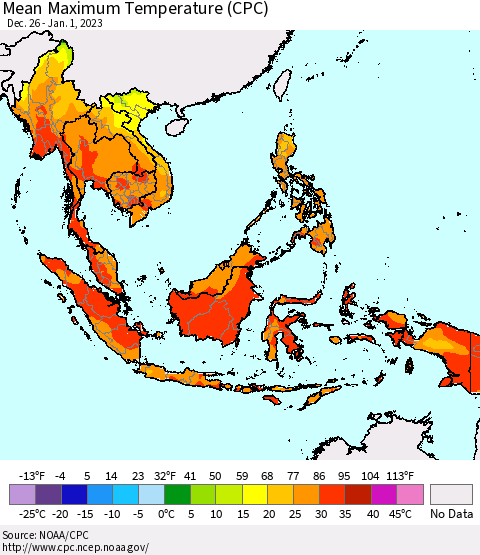 South East Asia Mean Maximum Temperature (CPC) Thematic Map For 12/26/2022 - 1/1/2023
