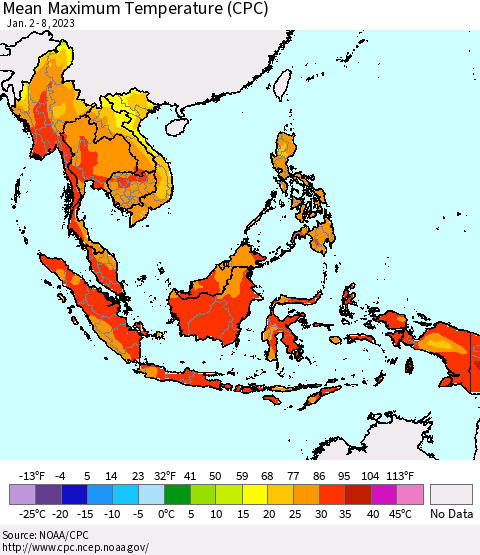 South East Asia Mean Maximum Temperature (CPC) Thematic Map For 1/2/2023 - 1/8/2023