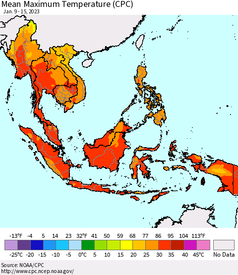 South East Asia Mean Maximum Temperature (CPC) Thematic Map For 1/9/2023 - 1/15/2023