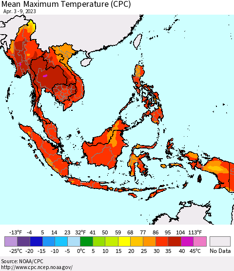 South East Asia Mean Maximum Temperature (CPC) Thematic Map For 4/3/2023 - 4/9/2023