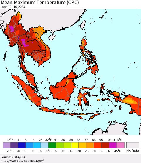 South East Asia Mean Maximum Temperature (CPC) Thematic Map For 4/10/2023 - 4/16/2023