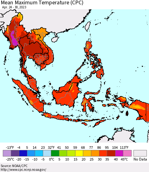 South East Asia Mean Maximum Temperature (CPC) Thematic Map For 4/24/2023 - 4/30/2023