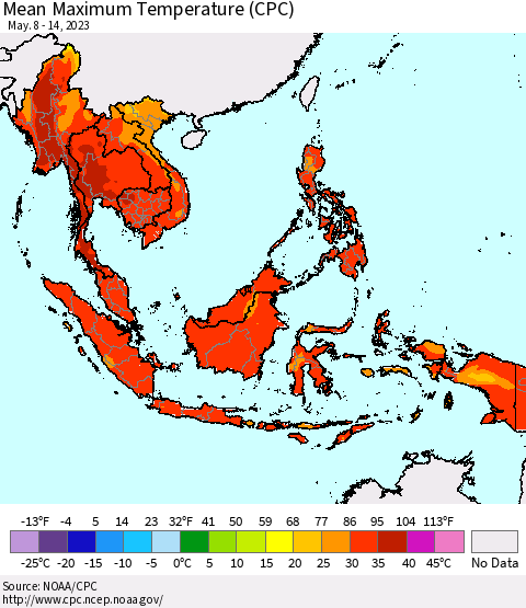 South East Asia Mean Maximum Temperature (CPC) Thematic Map For 5/8/2023 - 5/14/2023