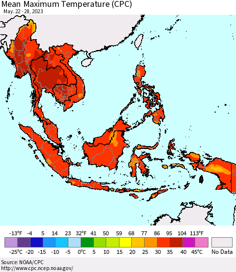South East Asia Mean Maximum Temperature (CPC) Thematic Map For 5/22/2023 - 5/28/2023